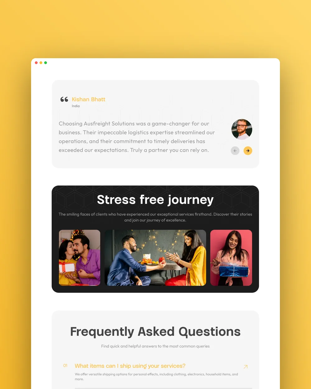 Testimonials and the stress-free journey section