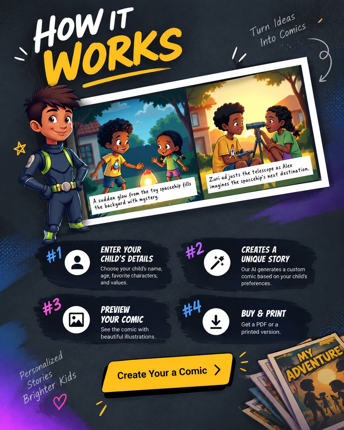 Comic-book art from the Every Child Is A Hero brand