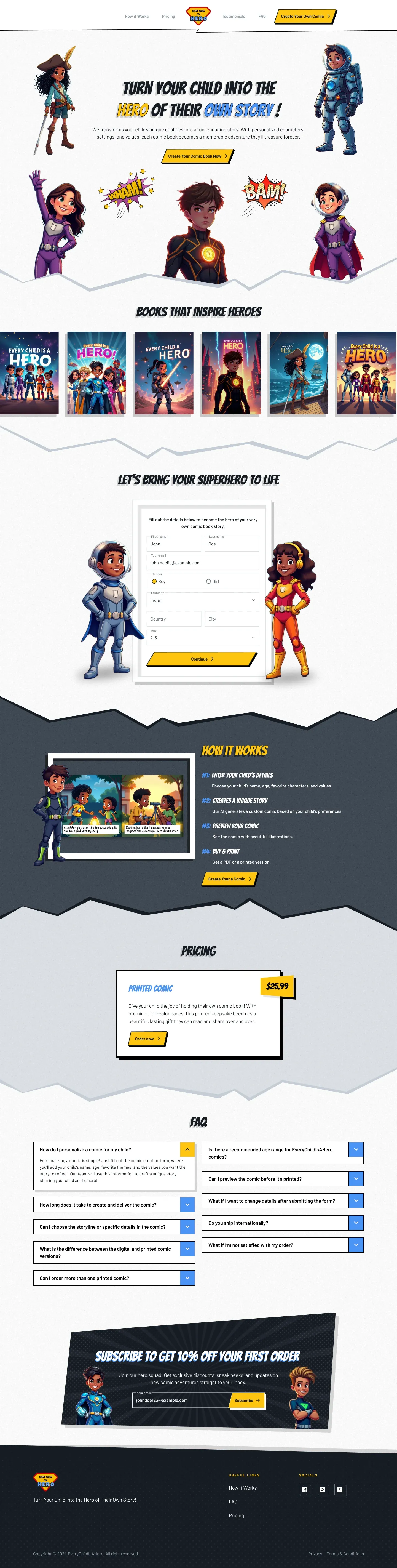 The full Every Child Is A Hero landing page, top to bottom