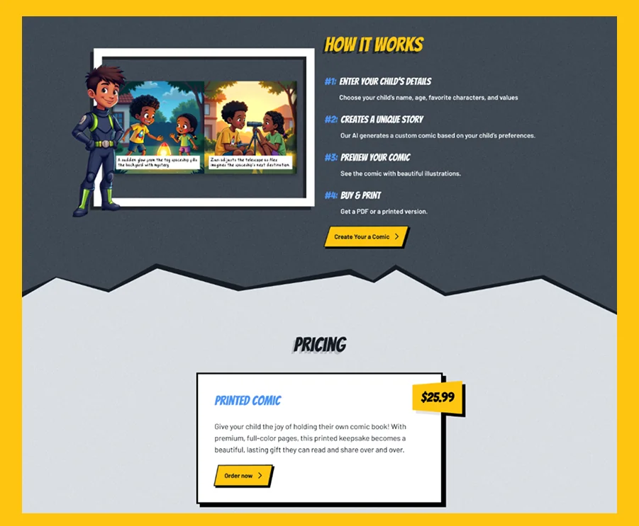 Every Child Is A Hero how-it-works and pricing sections