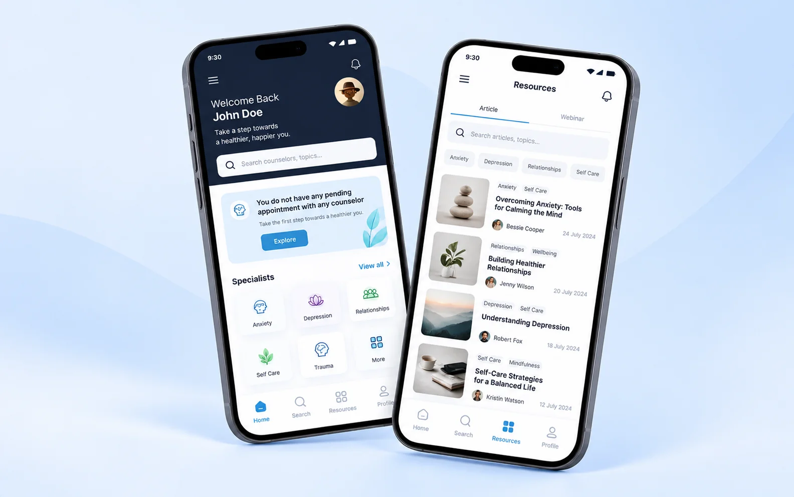 F4C home and resources screens on two phones