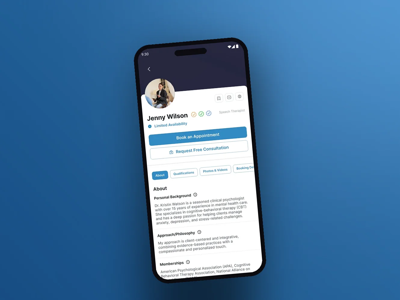 A counsellor profile with booking and free consultation
