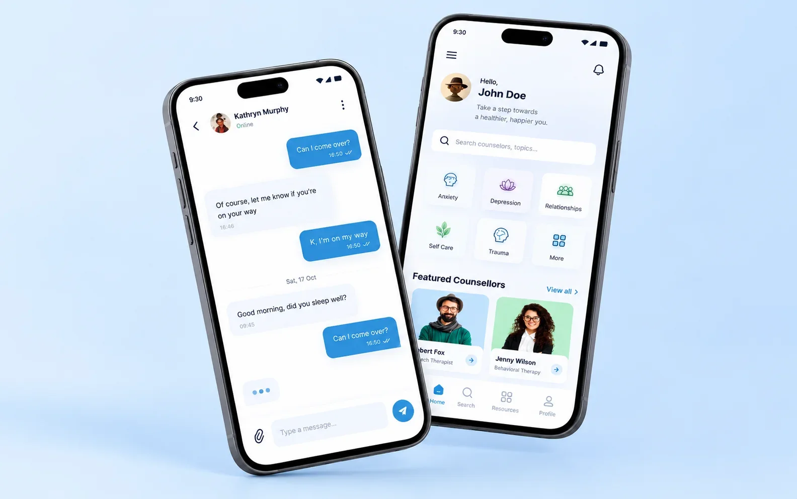 Three F4C screens: chat, home and counsellor profile