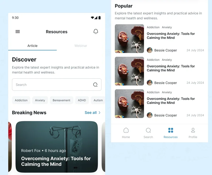 The resources feed, on two phones