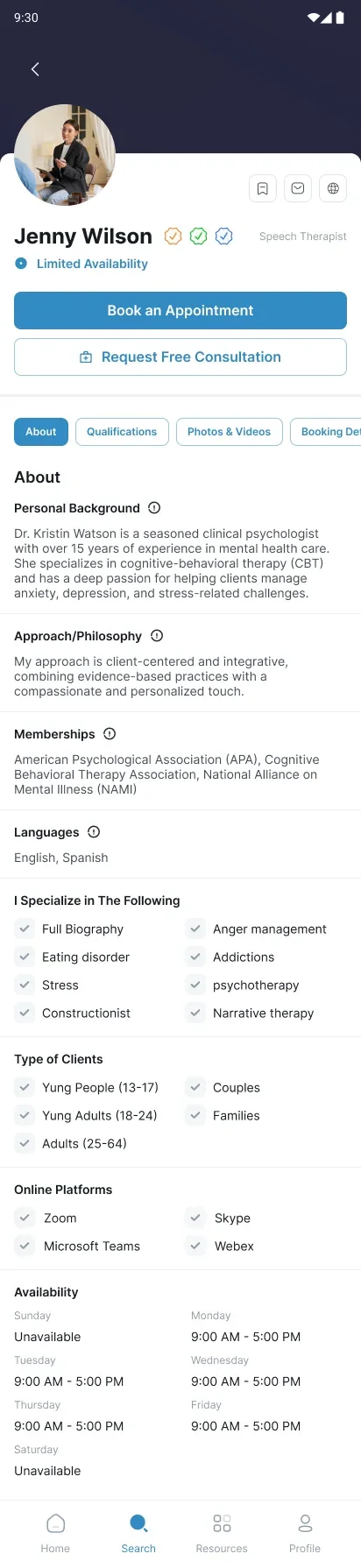 A counsellor profile, top to bottom