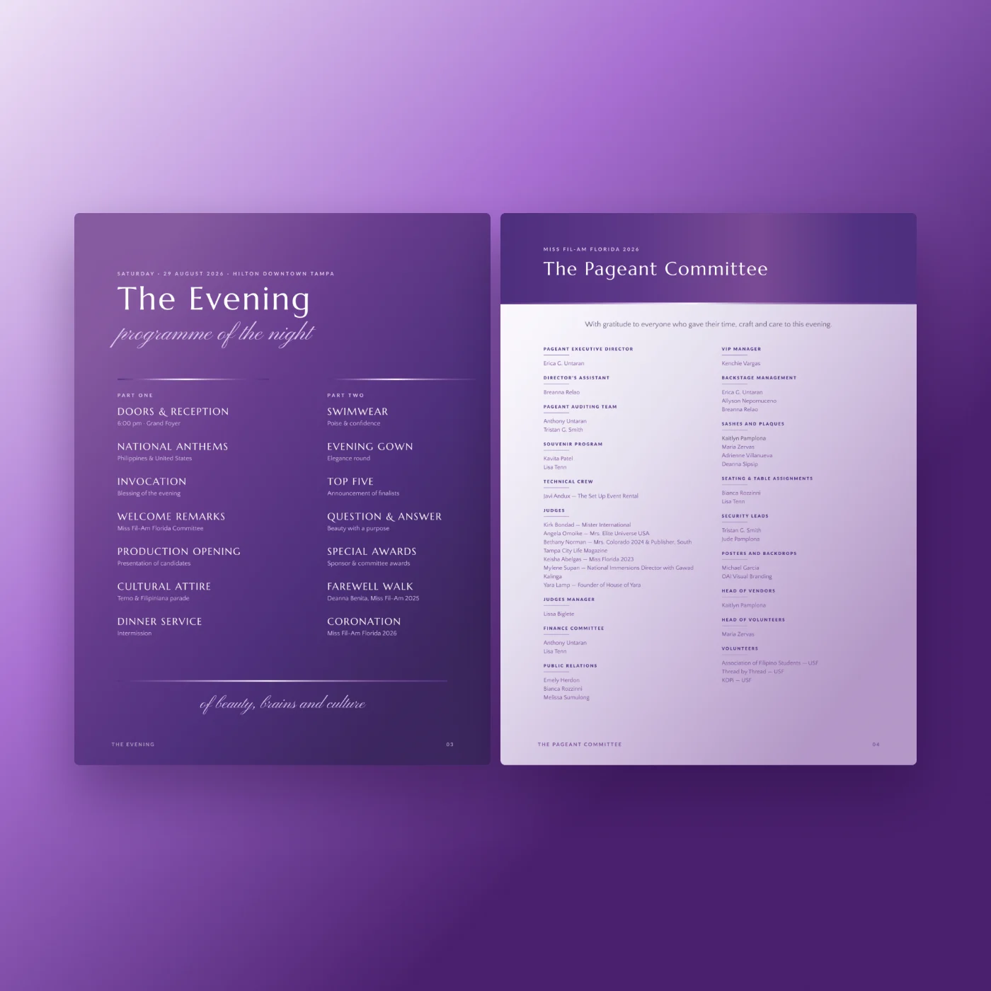 The evening programme and the pageant committee spread