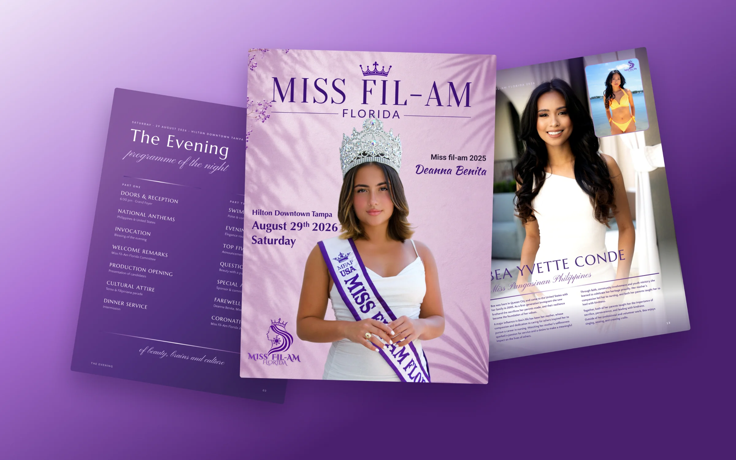 The Miss Fil-Am Florida 2026 souvenir programme: the cover, the evening programme and a contestant profile