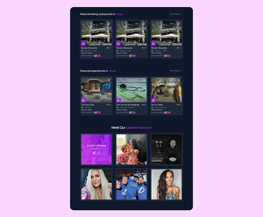 Featured restaurants and experiences on mobile