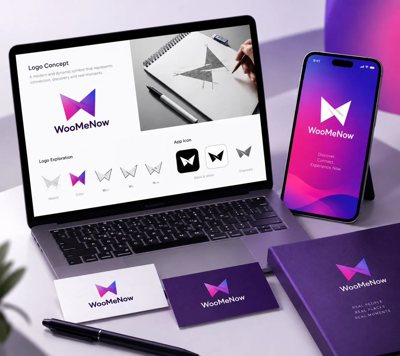 The WooMeNow brand system: the mark, app icon explorations and stationery