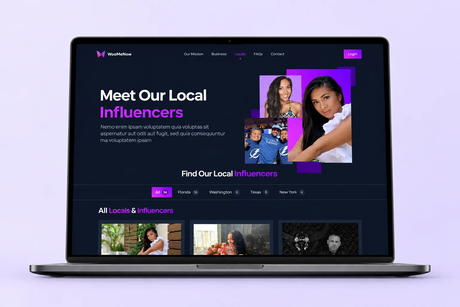The WooMeNow home page on a laptop