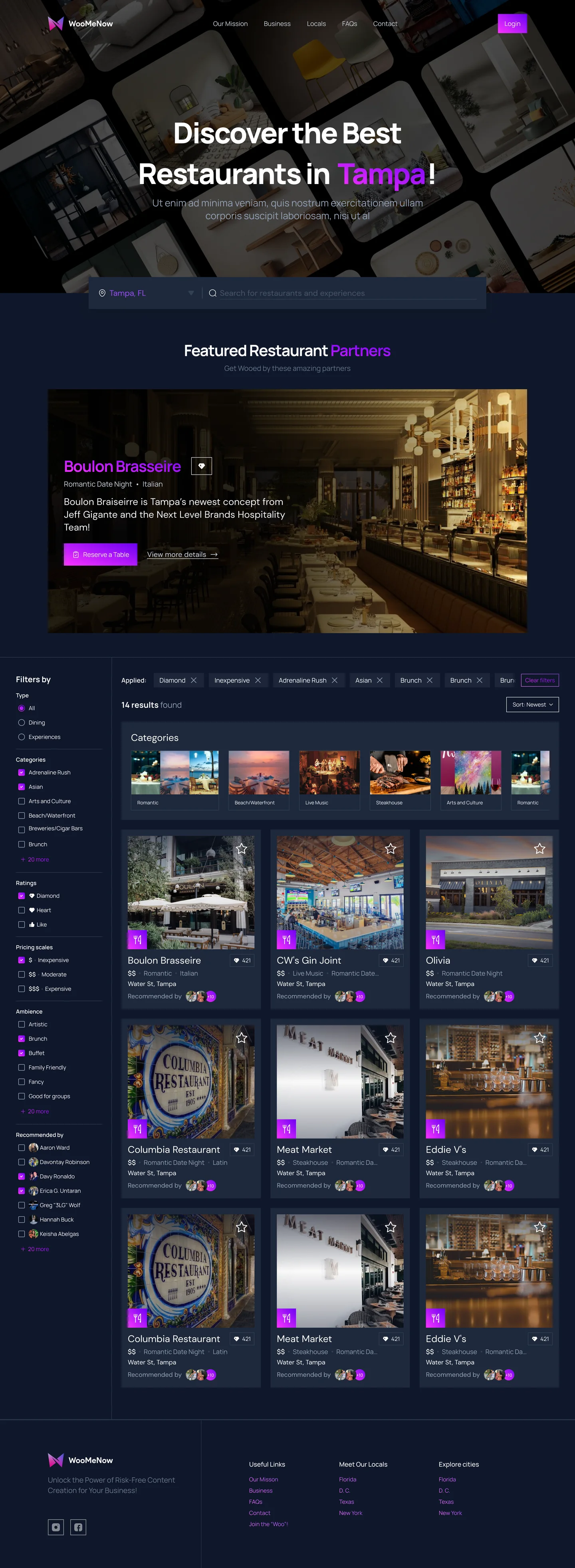 The WooMeNow restaurant listings page, top to bottom