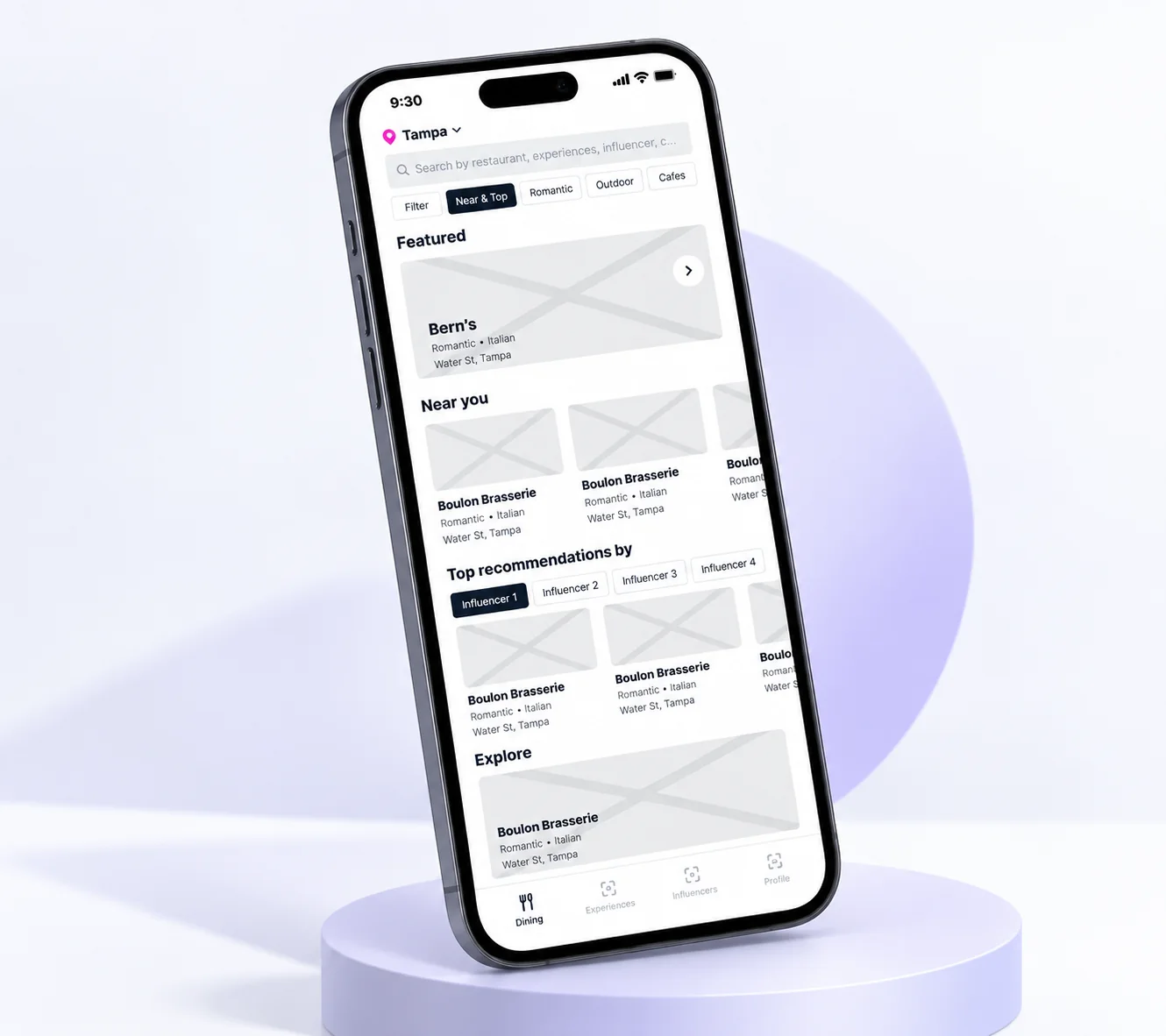 Low-fidelity wireframe of the home screen on a phone